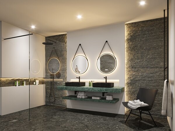 Paulmann 71089 Mirra, osvětlené kulaté zrcadlo s koženým závěsem, stmívatelné, funkce odmlžení, 11,5W LED White Switch, černá, průměr 59cm, IP44