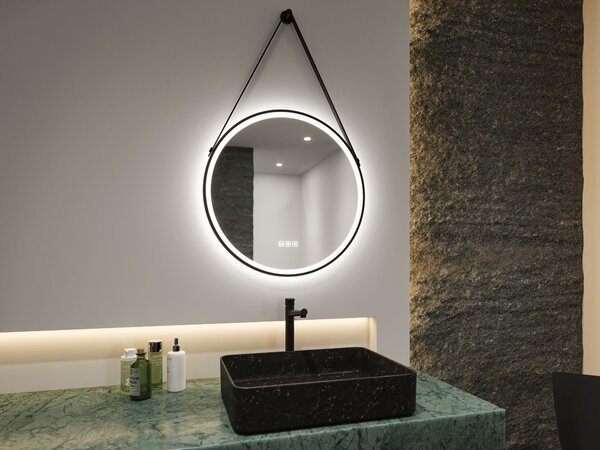 Paulmann 71089 Mirra, osvětlené kulaté zrcadlo s koženým závěsem, stmívatelné, funkce odmlžení, 11,5W LED White Switch, černá, průměr 59cm, IP44
