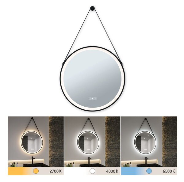 Paulmann 71089 Mirra, osvětlené kulaté zrcadlo s koženým závěsem, stmívatelné, funkce odmlžení, 11,5W LED White Switch, černá, průměr 59cm, IP44