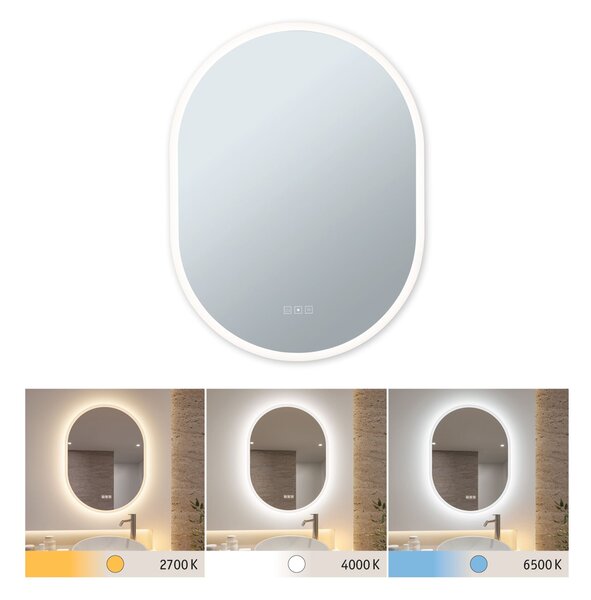 Paulmann 71087 Mirra, stmívatelné oválné zrcadlo s osvětlením a funkcí odmlžení 22W LED White Switch, 60x80cm, IP44