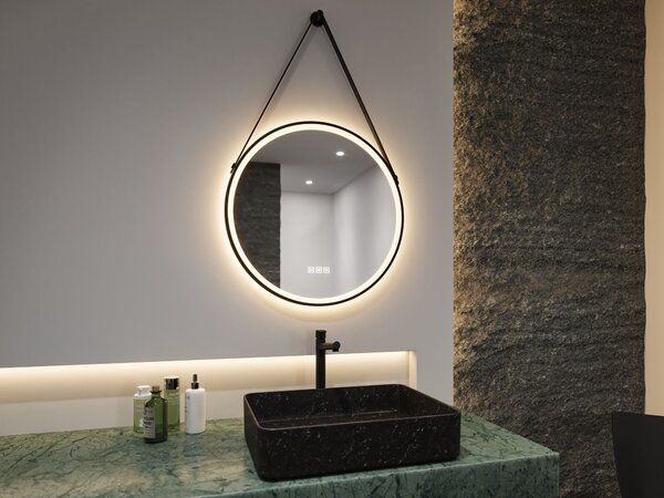 Paulmann 71089 Mirra, osvětlené kulaté zrcadlo s koženým závěsem, stmívatelné, funkce odmlžení, 11,5W LED White Switch, černá, průměr 59cm, IP44