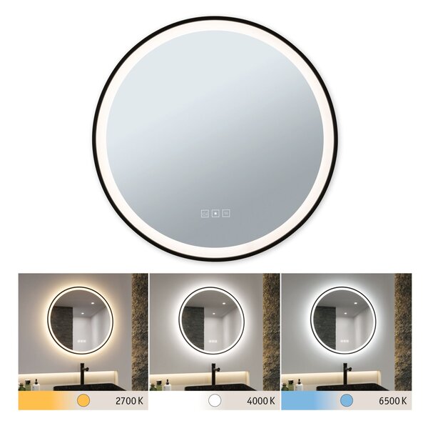 Paulmann 71088 Mirra, stmívatelné kulaté zrcadlo s osvětlením a funkcí odmlžení, 11,5W LED White Switch, černá, průměr 59cm, IP44