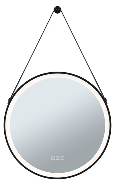 Paulmann 71089 Mirra, osvětlené kulaté zrcadlo s koženým závěsem, stmívatelné, funkce odmlžení, 11,5W LED White Switch, černá, průměr 59cm, IP44