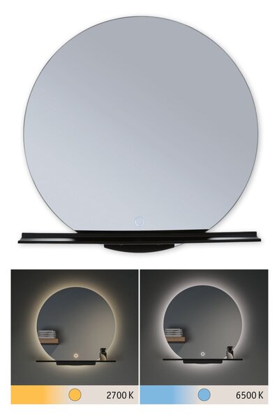 Paulmann 71091 Miro, kulaté zrcadlo s podsvícením a s policí, 11W LED Tunable White, černá, průměr 50cm, IP44