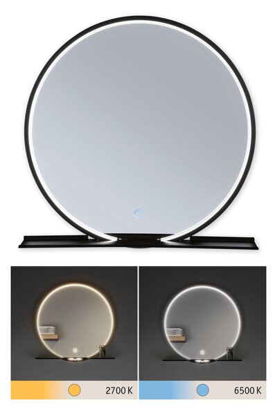 Paulmann 71090 Miro, kulaté zrcadlo s osvětlením a s policí, 10,5W LED Tunable White, černá, průměr 50cm, IP44