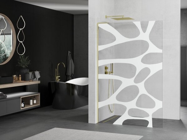 Mexen Kioto L, sprchová zástěna Walk-In 80 x 200 cm, 8mm čiré sklo bílý vzor, ​​zlatý lesklý profil, 800-080-103-50-97