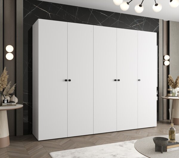 Elegantní šatní skříň CAITIR 1 250 cm - bílá / černé úchyty