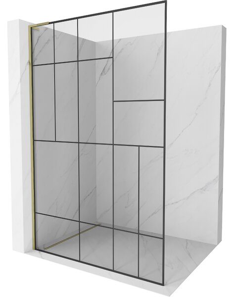 Mexen Kioto L, sprchová zástěna Walk-In 80 x 200 cm, 8mm čiré sklo černý vzor, ​​zlatý lesklý profil, 800-080-103-50-78