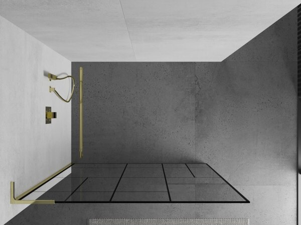Mexen Kioto L, sprchová zástěna Walk-In 80 x 200 cm, 8mm čiré sklo černý vzor, ​​zlatý lesklý profil, 800-080-103-50-78
