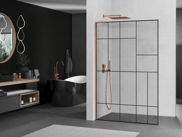 Mexen Kioto L, sprchová zástěna Walk-In 80 x 200 cm, 8mm čiré sklo černý vzor, ​​růžové zlato profil, 800-080-103-60-78