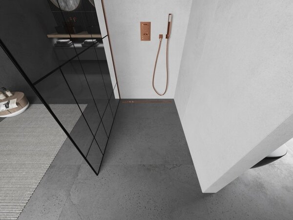 Mexen Kioto L, sprchová zástěna Walk-In 80 x 200 cm, 8mm čiré sklo černý vzor, ​​růžové zlato profil, 800-080-103-60-78
