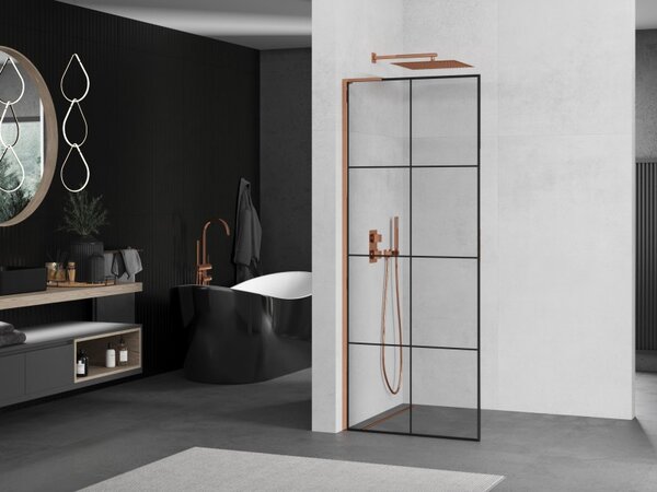 Mexen Kioto L, sprchová zástěna Walk-In 80 x 200 cm, 8mm čiré sklo černý vzor, ​​růžové zlato profil, 800-080-103-60-77