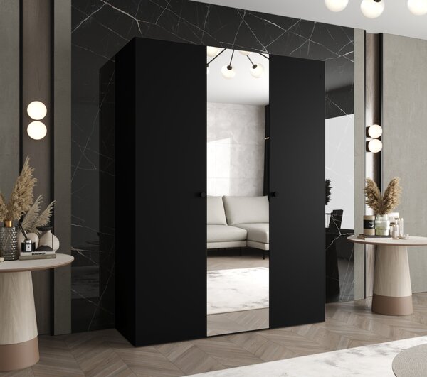 Zrcadlová šatní skříň CAITIR 2 150 cm - černá / černé úchyty