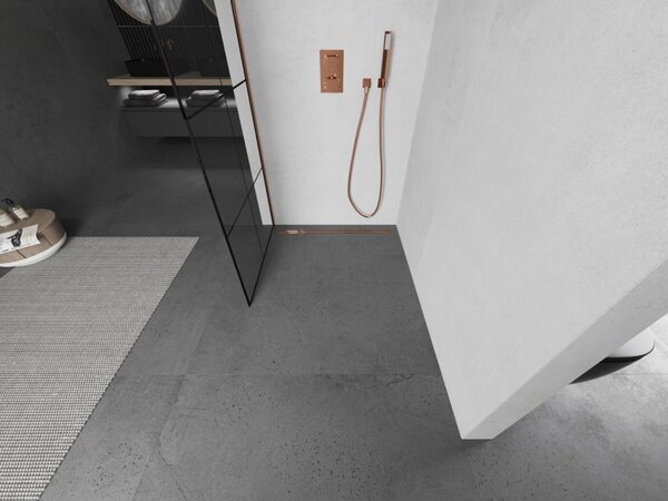 Mexen Kioto L, sprchová zástěna Walk-In 80 x 200 cm, 8mm čiré sklo černý vzor, ​​růžové zlato profil, 800-080-103-60-77