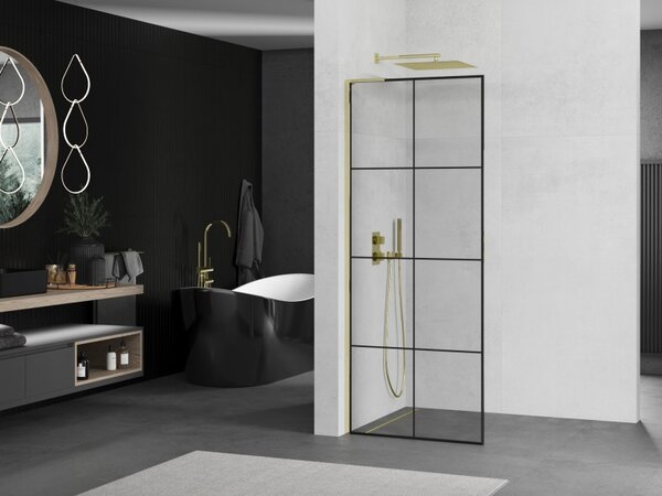 Mexen Kioto L, sprchová zástěna Walk-In 80 x 200 cm, 8mm čiré sklo černý vzor, ​​zlatý lesklý profil, 800-080-103-50-77