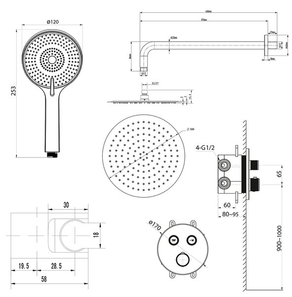 Sapho Sapho, SMART SELECT podomítková termostatická sprchová souprava, 2 výstupy, vystoupení, černá mat, RP032B-01