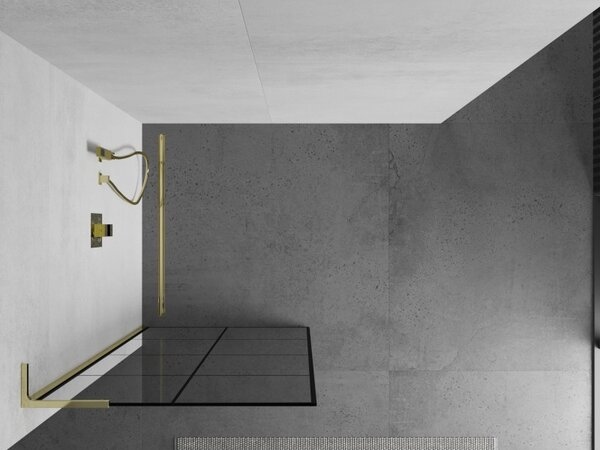 Mexen Kioto L, sprchová zástěna Walk-In 80 x 200 cm, 8mm čiré sklo černý vzor, ​​zlatý lesklý profil, 800-080-103-50-77