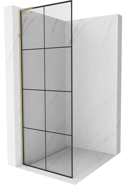 Mexen Kioto L, sprchová zástěna Walk-In 80 x 200 cm, 8mm čiré sklo černý vzor, ​​zlatý lesklý profil, 800-080-103-50-77