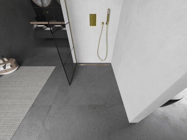 Mexen Kioto L, sprchová zástěna Walk-In 80 x 200 cm, 8mm čiré sklo černý vzor, ​​zlatý lesklý profil, 800-080-103-50-77