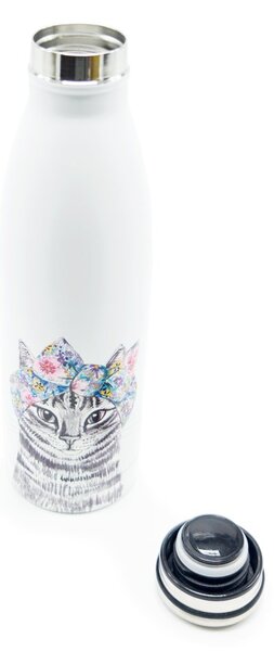 Nerezová termolahev Lady Čiči, 500 ml – bílá, matný povrch, motiv kočky