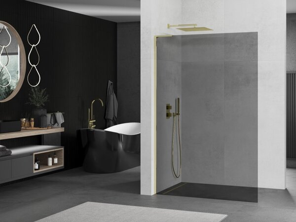 Mexen Kioto L, sprchová zástěna Walk-In 70 x 200 cm, 8mm šedé sklo, zlatý lesklý profil, 800-070-103-50-40