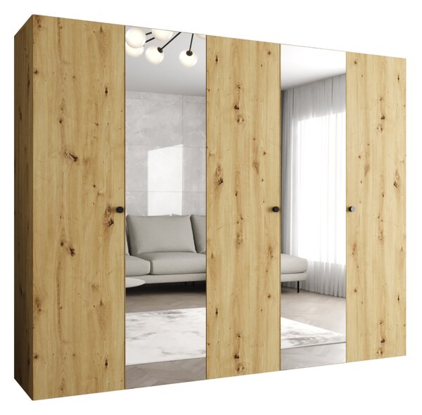 Zrcadlová šatní skříň CAITIR 2 250 cm - dub artisan / černé úchyty