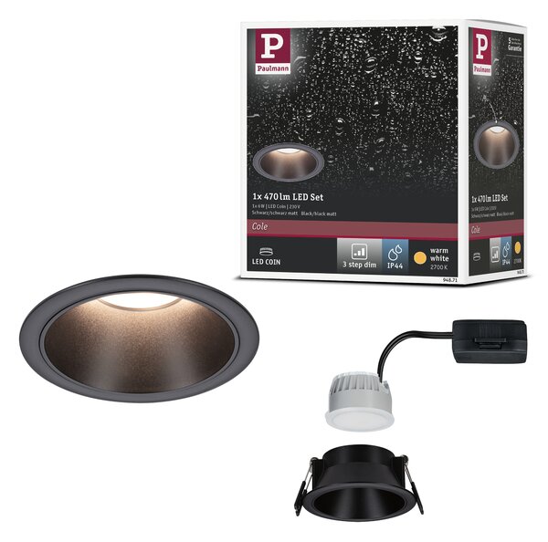 Paulmann 94871 Cole Coin, bodovka v černé úpravě, 1x6W LED 2700K tříkrokové stmívání, prům. 8,8cm, IP44