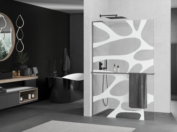 Mexen Kioto+ L, sprchová zástěna Walk-In s poličkou a věšákem 80 x 200 cm, 8mm čiré sklo bílý vzor, ​​grafitový profil, 800-080-123-66-97