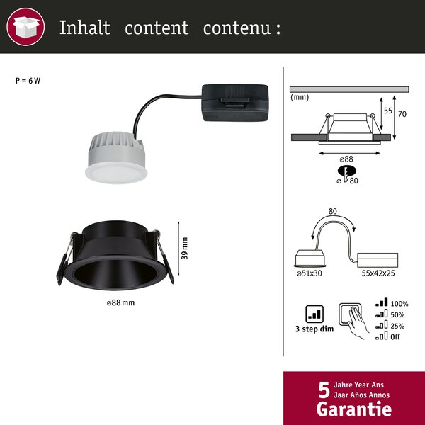Paulmann 94871 Cole Coin, bodovka v černé úpravě, 1x6W LED 2700K tříkrokové stmívání, prům. 8,8cm, IP44
