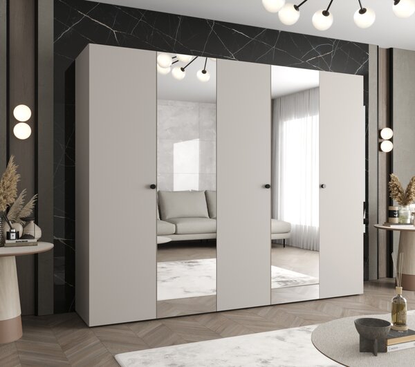 Zrcadlová šatní skříň CAITIR 2 250 cm - kašmír / černé úchyty