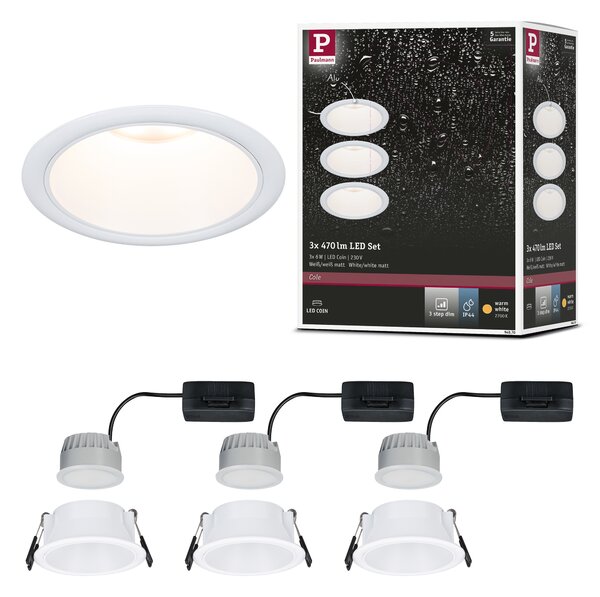 Paulmann 94870 Cole Coin, set bodovek v bílé úpravě, 3x6W LED 2700K tříkrokové stmívání, prům. 8,8cm, IP44