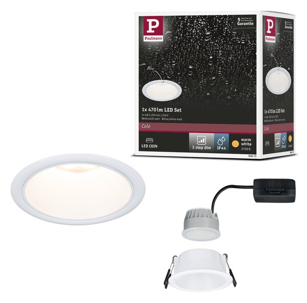 Paulmann 94872 Cole Coin, bodovka v bílé úpravě, 1x6W LED 2700K tříkrokové stmívání, prům. 8,8cm, IP44