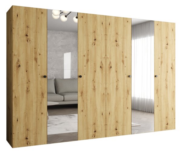 Zrcadlová šatní skříň CAITIR 2 300 cm - dub artisan / černé úchyty