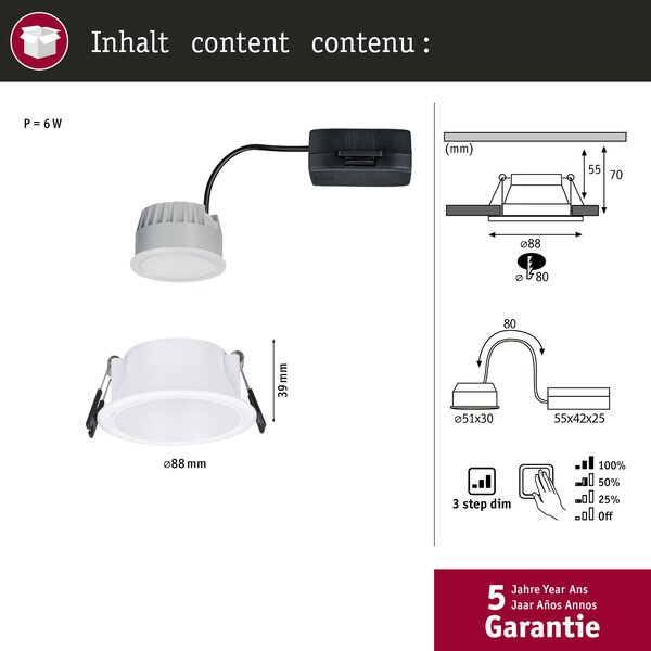 Paulmann 94872 Cole Coin, bodovka v bílé úpravě, 1x6W LED 2700K tříkrokové stmívání, prům. 8,8cm, IP44