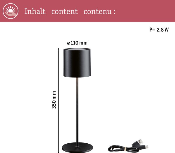 Paulmann 76998 Tuni, černá nabíjecí lampička, 2,8W LED 2700K dotykové ovládání, výška 35cm, IP44