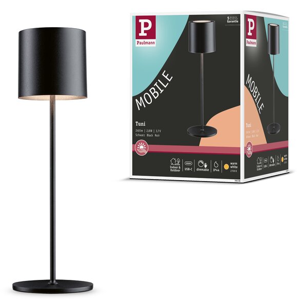 Paulmann 76998 Tuni, černá nabíjecí lampička, 2,8W LED 2700K dotykové ovládání, výška 35cm, IP44