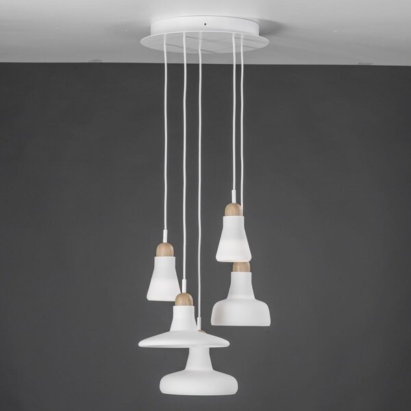 Brokis PC00929_043 Shadows set ring canopy, závěsné svítidlo z foukaného skla, bílé sklo - voskovaný dub - bílý kabel, 5x5W LED 2700K dim, prům. 40cm