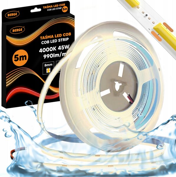 BERGE LED pásek COB Neon 12V - 480D - 9W/m - IP67 - 990lm - 5m - neutrální barva