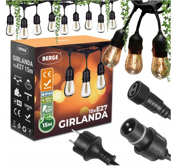 BERGE Zahradní girlanda 15m + 16x 1W LED žárovka