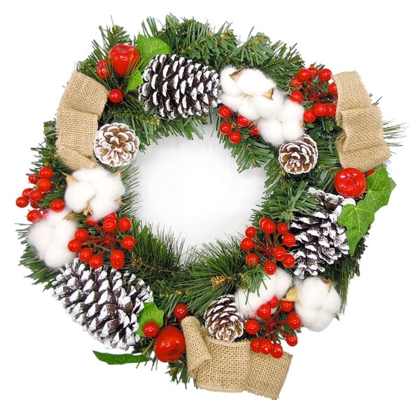 Vánoční věnec se šiškami, červenými bobulemi, bavlnami a mašlí, 40cm