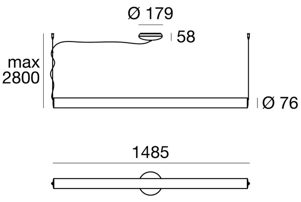 Linea Light 8846 Tu-O, závěsné svítidlo, 53W 3000K DALI, prům. 7,6cm, délka 148,5cm