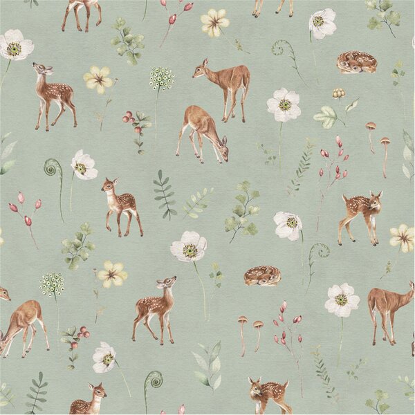 Tapeta srnky - Dancing Deer Green Materiál: Digitální eko vlies - klasická tapeta nesamolepicí