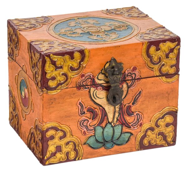 Dřevěná šperkovnice ručně malovaná, buddhistické motivy, 13x10x10cm (1C)