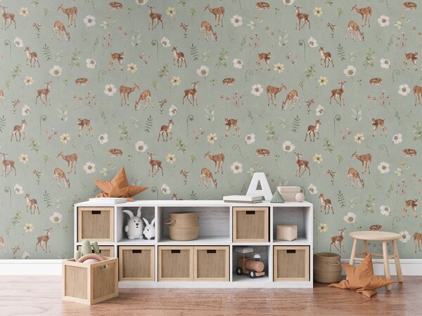 Tapeta srnky - Dancing Deer Green Materiál: Digitální eko vlies - klasická tapeta nesamolepicí
