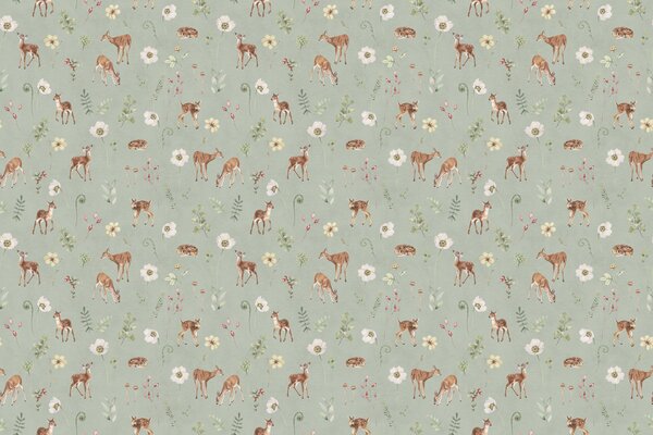 Tapeta srnky - Dancing Deer Green Materiál: Digitální eko vlies - klasická tapeta nesamolepicí