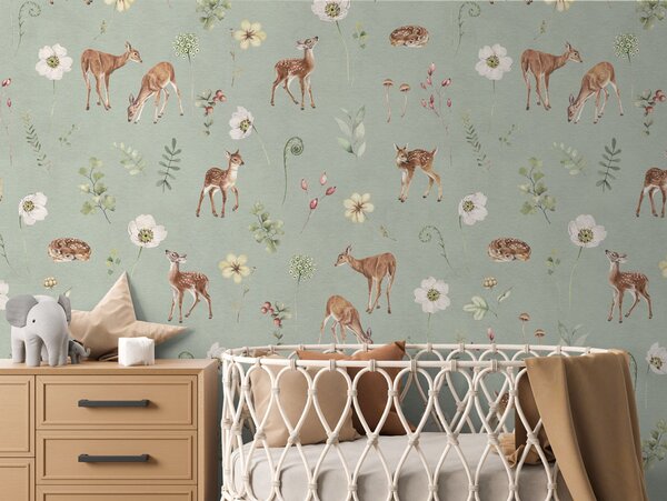 Tapeta srnky - Dancing Deer Green Materiál: Digitální eko vlies - klasická tapeta nesamolepicí