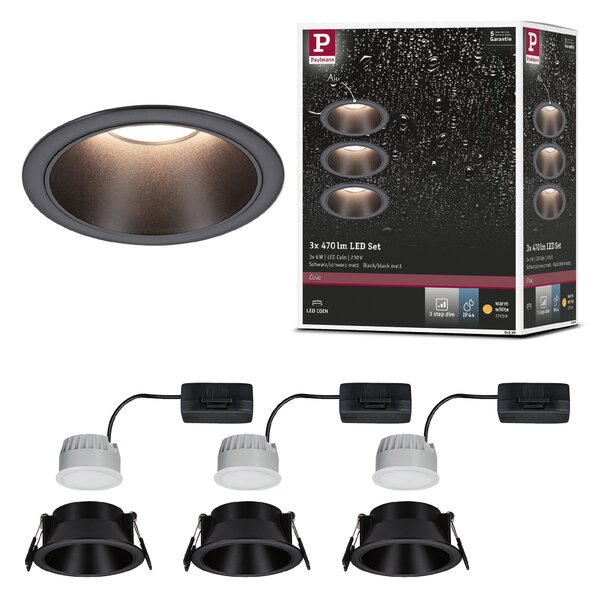 Paulmann 94869 Cole Coin, set bodovek v černé úpravě, 3x6W LED 2700K tříkrokové stmívání, prům. 8,8cm, IP44