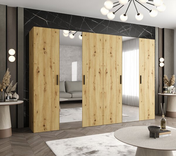 Šatní skříň se zrcadly HELMA 2 300 cm - dub artisan / černé úchyty