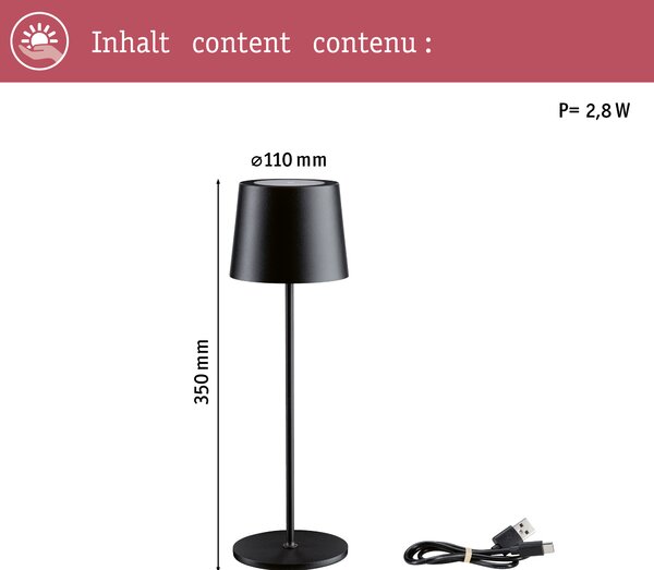 Paulmann 76996 Gilo, černá lampička na baterii, 2,8W LED 2700K dotykové ovládání, výška 35cm, IP44