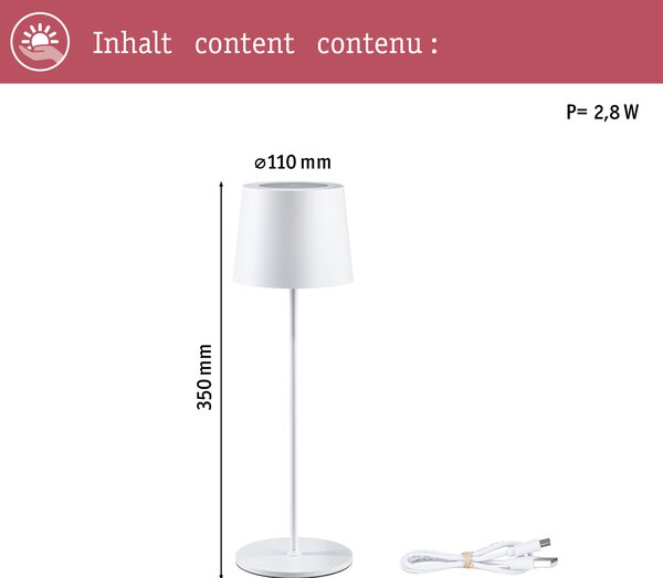 Paulmann 76997 Gilo, bílá lampička na baterii, 2,8W LED 2700K dotykové ovládání, výška 35cm, IP44